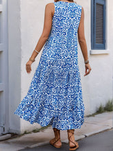 Perfee Decorative Button Printed Notched Sleeveless Midi Dress OutfitFlow